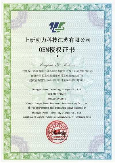 Certificado de autorización OEM del motor diésel de Shangyan Power
